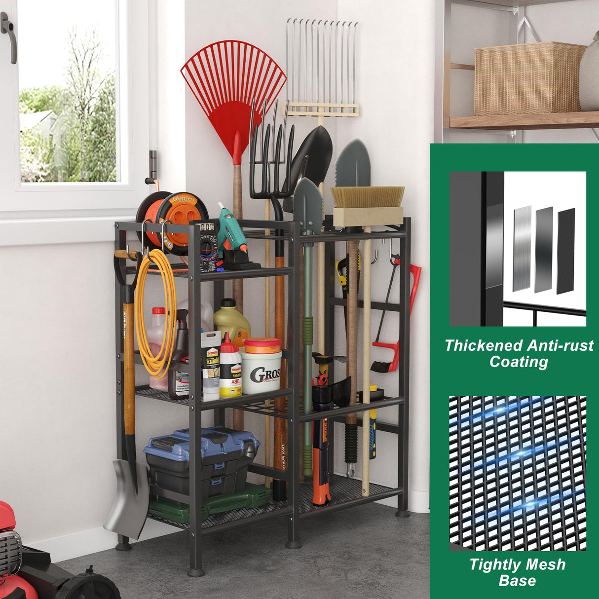 keomaisyto Garden Tool Organizer for Garage Organization, 3 Tier Yard Tool Storage Rack with 35 Long-Handled Tool Slots, Heavy Duty Garden Tool Holder with Large Hooks for Shed, Yard, Garage keomaisyto