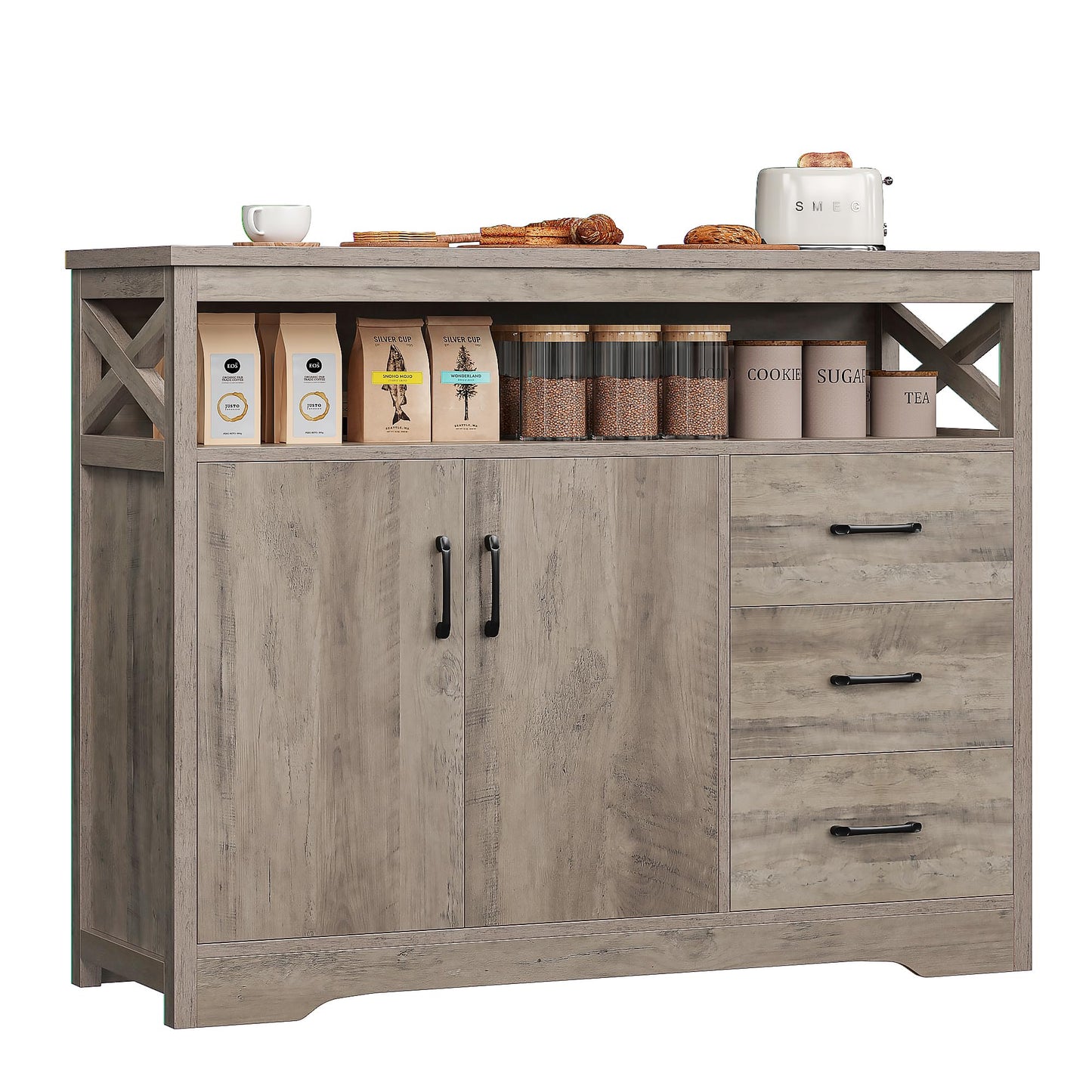 HOSTACK Modern Farmhouse Sideboard Buffet Cabinet, Kitchen Buffet Storage Cabinet with Drawers & Shelves, Wooden Coffee Bar Cabinet with Storage for Dining Room, Living Room, Ash Gray - WoodArtSupply