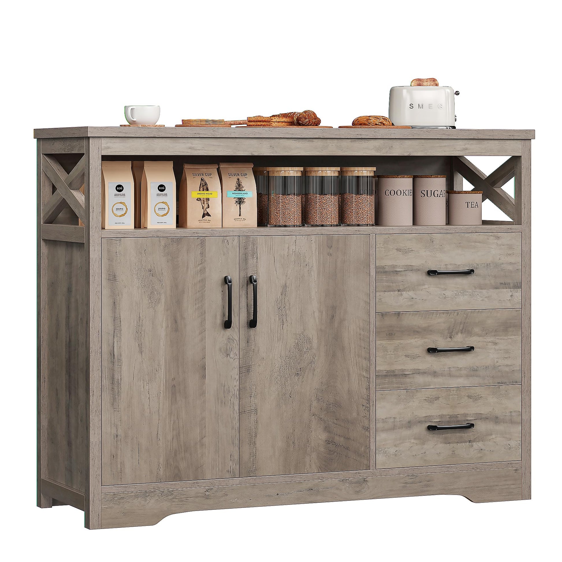 HOSTACK Modern Farmhouse Sideboard Buffet Cabinet, Kitchen Buffet Storage Cabinet with Drawers & Shelves, Wooden Coffee Bar Cabinet with Storage for Dining Room, Living Room, Ash Gray - WoodArtSupply