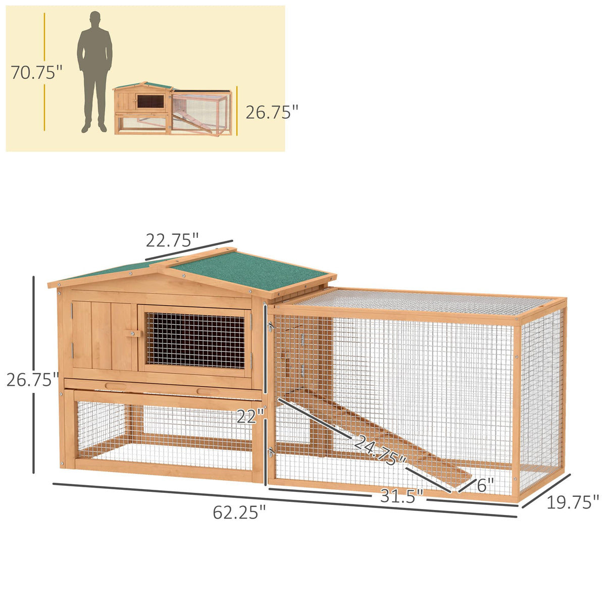 PawHut Rabbit Hutch 2-Story Bunny Cage, Guinea Pig Cage, Small Animal House with Slide Out Tray, for Indoor Outdoor, 61.5" x 23" x 27", Natural PawHut