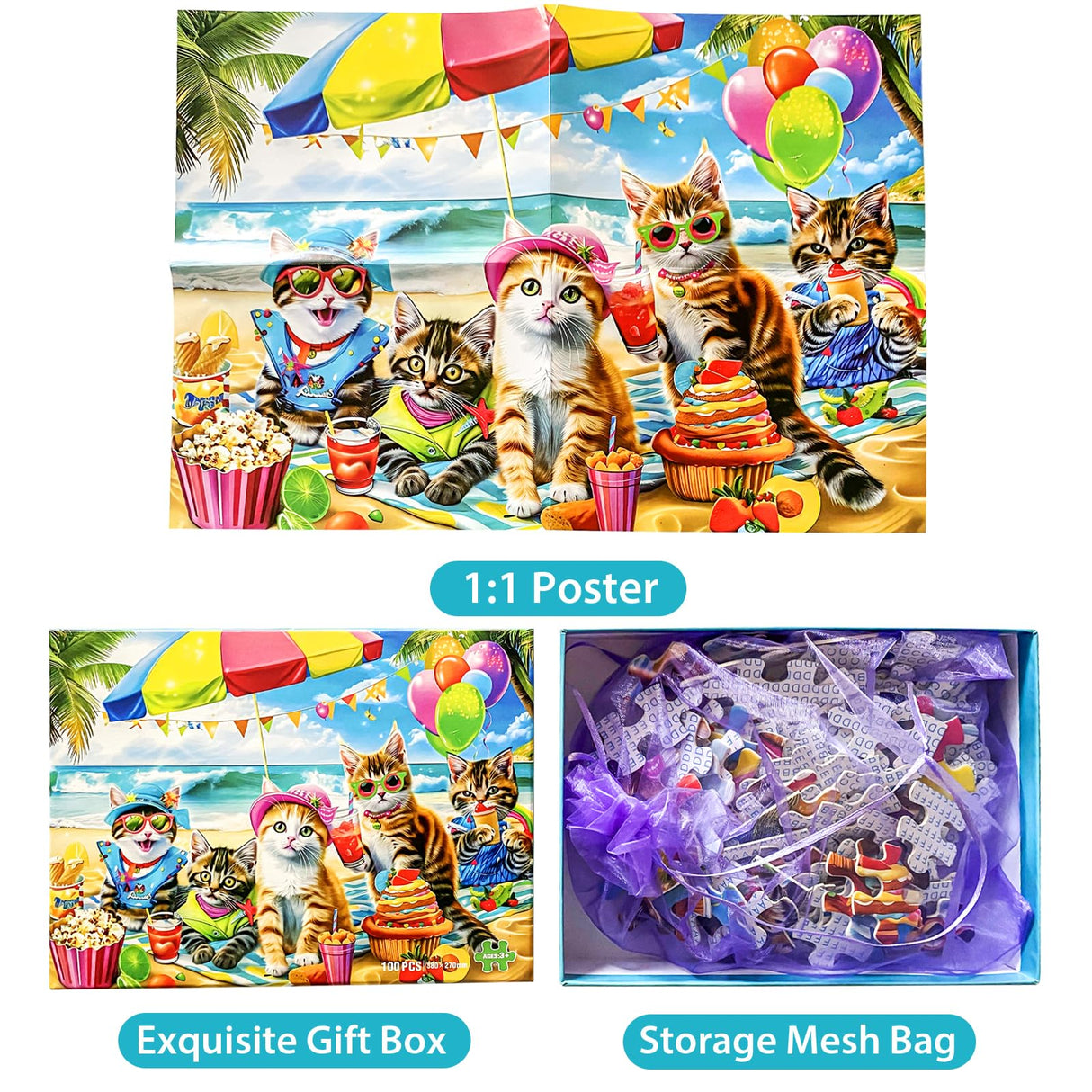 Puzzles for Kids Ages 4-8 6-8 8-10 Year Old and Seniors - Funny Cats Puzzle Beach Kitten Jigsaw Puzzles, 100 Piece Puzzle for Toddler Children Learning Educational Puzzles Toys for Boys and Girls Jeacirio