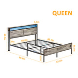 Halitaa LED Queen Size Bed Frame with USB Charging Ports and Storage - Farmhouse Design in Wash Grey Halitaa