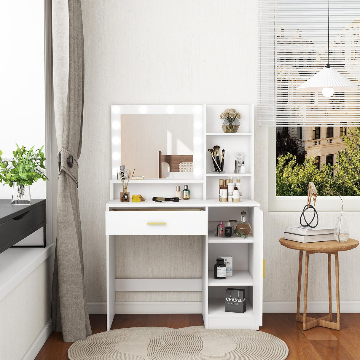 Vanity Desk, Vanity Mirror with Lights and Table Set with 1 Big Drawers, 1 Cabinet & 4 Shelves Makeup Vanity Set 3 Lighting Modes Brightness Adjustable Dressing Table (White) Panana