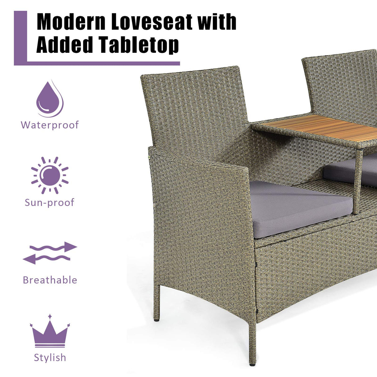 Tangkula Outdoor Rattan Loveseat, Patio 2-Person Wicker Conversation Set w/Cushion, Modern Wicker Sofa Set with Built-in Acacia Wood Tabletop & Storage Space for Backyard Poolside Lawn (Grey) Tangkula