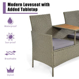 Tangkula Outdoor Rattan Loveseat, Patio 2-Person Wicker Conversation Set w/Cushion, Modern Wicker Sofa Set with Built-in Acacia Wood Tabletop & Storage Space for Backyard Poolside Lawn (Grey) Tangkula