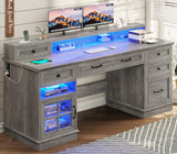 BTHFST Farmhouse Executive Desk with File Drawer, Computer Desk with Charging Station & LED Lights, Home Office Desk with Drawers & Storage Cabinet, Executive Office Desk with Monitor Stand, Grey BTHFST
