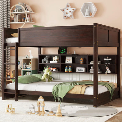 OYUMOENTS Queen Over Queen Bunk Bed, Solid Pine Wood Bunk Bed with Built-in Storage Cabinets, Charging Station, Ladder,Safety Guardrails, No squeaking for Teens & Adults, Brwon