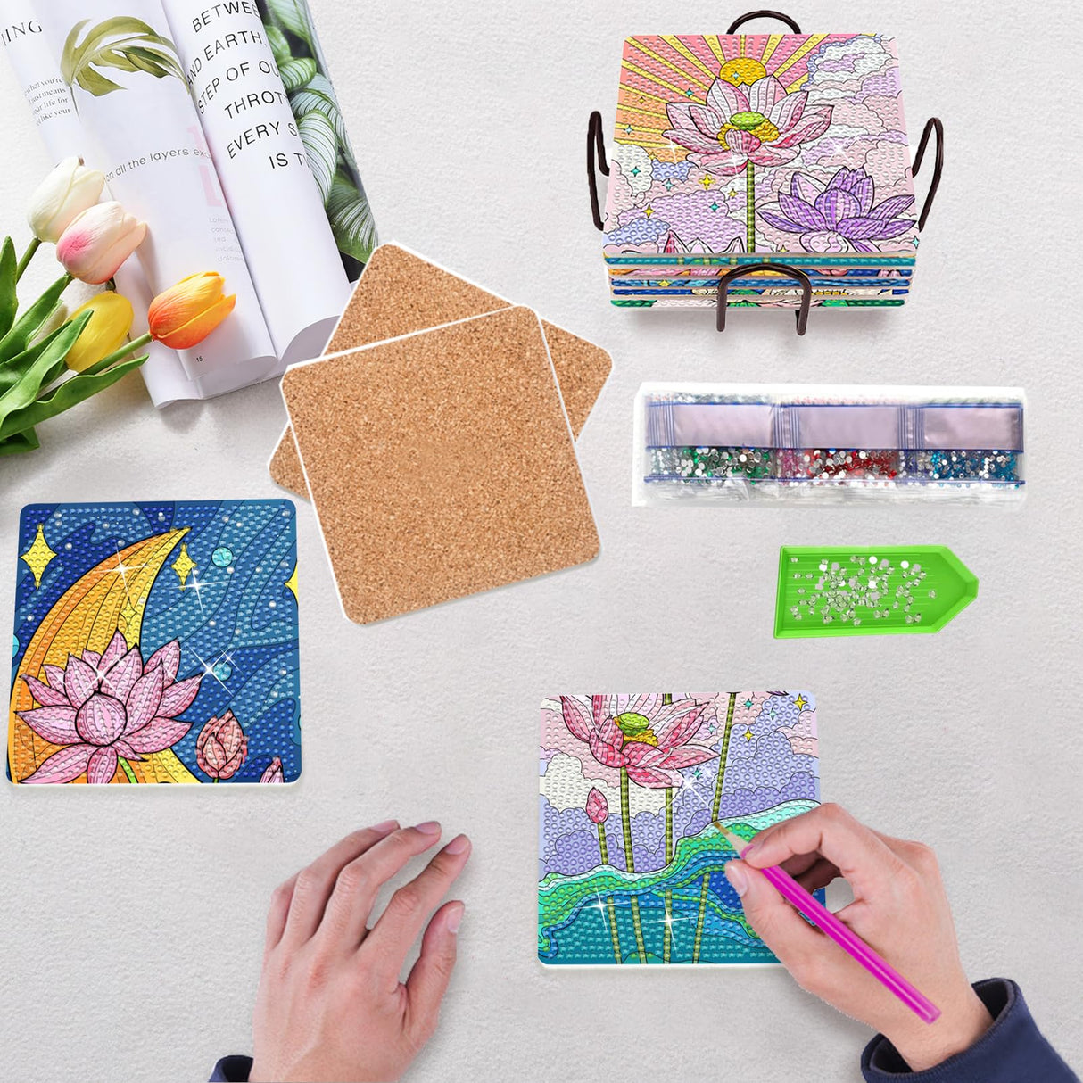 TDOOW Diamond Painting Coasters Kits, 8 Pcs Diamond Art Coasters with Holder, Crafts Kits for DIY Coasters, Diamond Art Kits for Adults-Square Lotus Pattern TDOOW