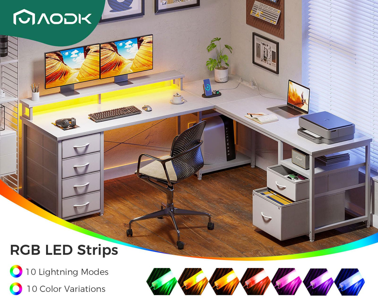 AODK 66" L Shaped Computer Desk, 113“ Reversible Home Office Desk with File Cabinet & 4 Fabric Drawers, Two Person Desk with LED Lights & Power Outlet, Corner Gaming Desk with Monitor Shelf, White AODK