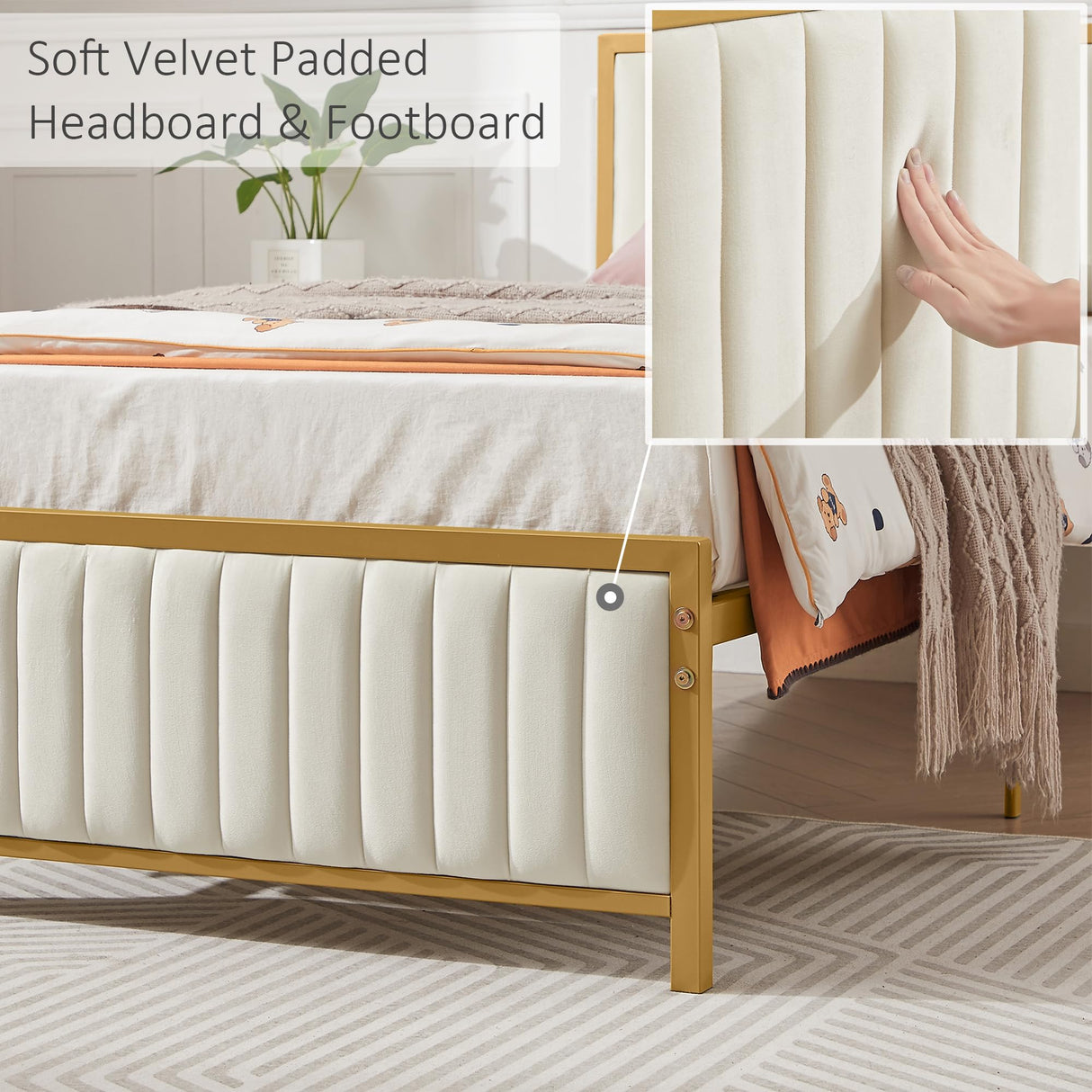 VECELO Twin Bed Frame with Upholstered Tufted Headboard & Footboard, Heavy Duty Steel Slats Platform, No Box Spring Needed, Gold VECELO