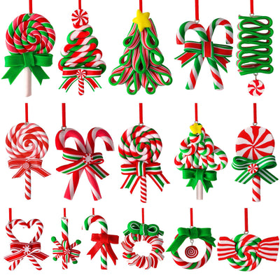 AUGSUN 16Pcs Christmas Lollipop Ornaments, Colorful Mini Candy Cane Hanging Ornaments Polymer Clay Peppermint Pendants for Xmas Tree Party Home Decorations