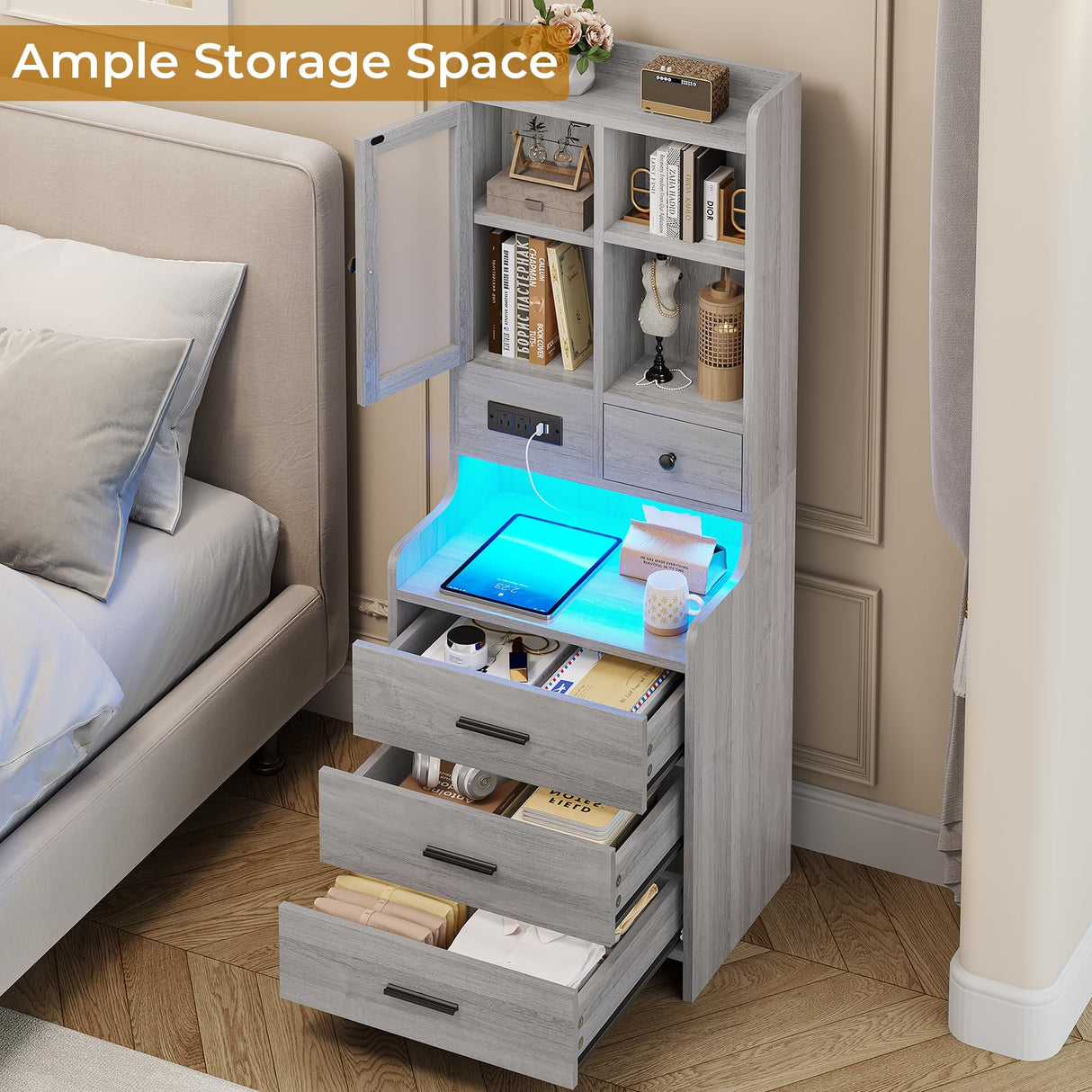 BTHFST Grey Nightstand Set of 2, LED Night Stand Set 2 with Charging Station, Tall Bedside Table with Bookshelf & Drawers, End Side Table with Lights & Storage BTHFST