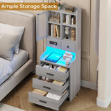 BTHFST Grey Nightstand Set of 2, LED Night Stand Set 2 with Charging Station, Tall Bedside Table with Bookshelf & Drawers, End Side Table with Lights & Storage BTHFST