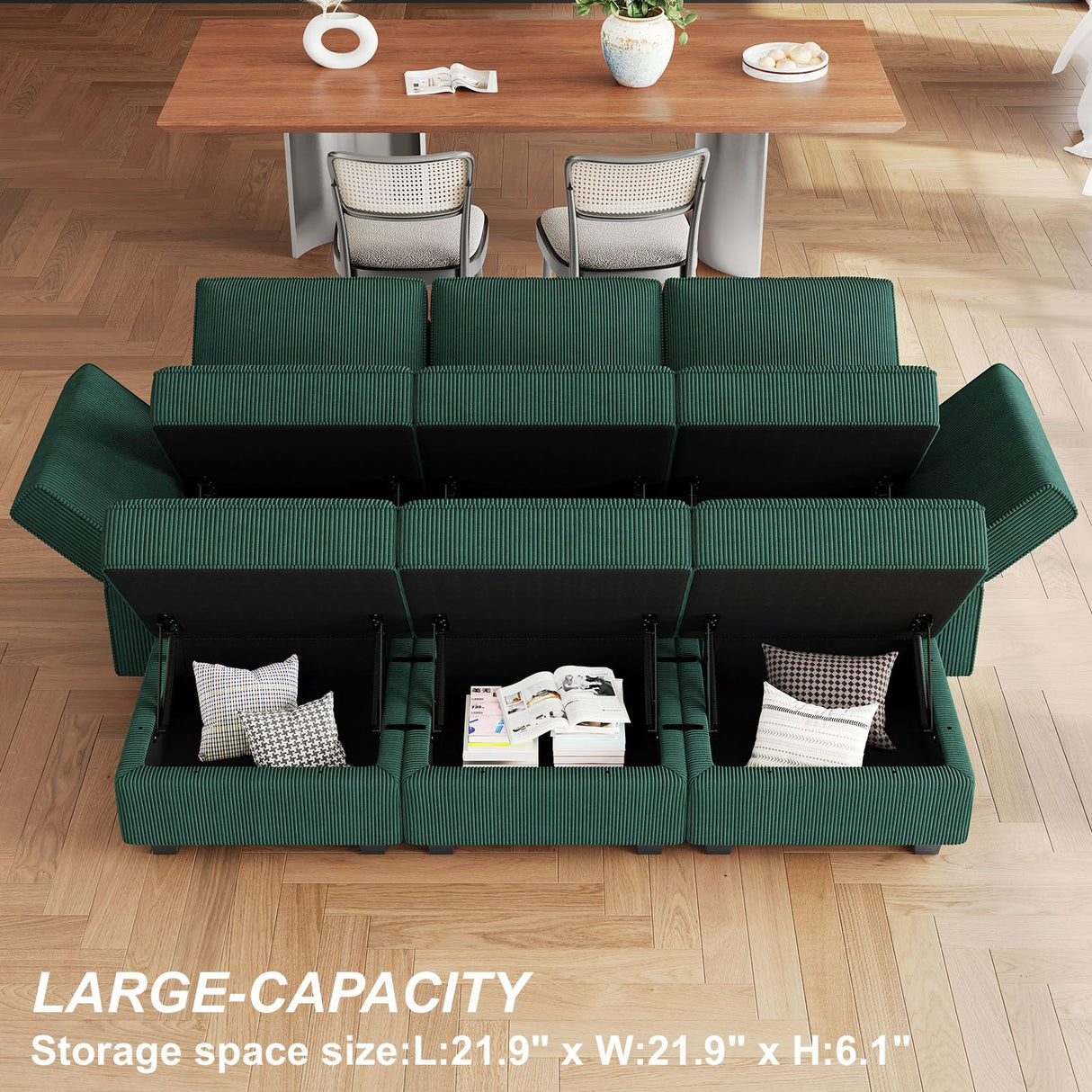 Belffin Modular Sectional Sofa with Storage Ottoman Seats, Corduroy Convertible Modular Sofa Bed Sectional Couch for Living Room, Green Belffin