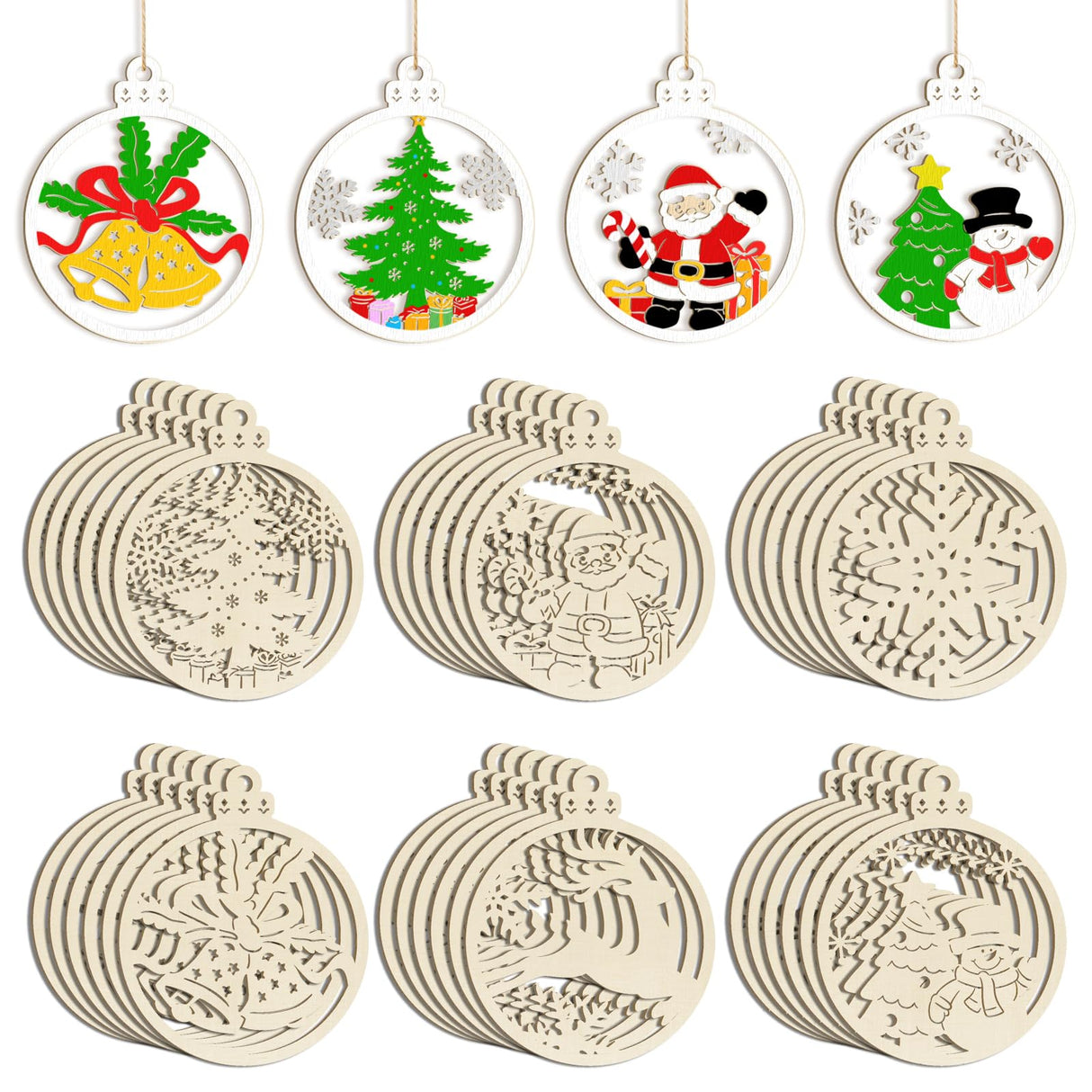 36PCS Wooden Hollow Christmas Ornaments for Paint Christmas Tree Decorations 6 Styles, DIY Blank Unfinished Wood Reindeer Santa Claus Snowman Snowflake Angle Cutouts for Crafts Winter Hanging Decora Sophena