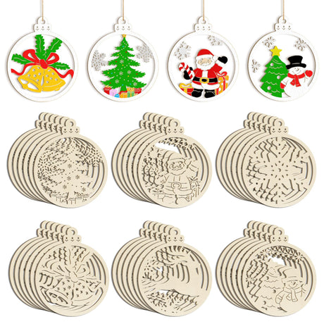 36PCS Wooden Hollow Christmas Ornaments for Paint Christmas Tree Decorations 6 Styles, DIY Blank Unfinished Wood Reindeer Santa Claus Snowman Snowflake Angle Cutouts for Crafts Winter Hanging Decora Sophena