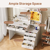 Rolanstar Vanity Desk with Lighted Mirror & Power Outlet, Makeup Vanity with RGB Storage Cabinet, 6 Fabric Drawers & 3 Shelves, 3 Color Modes Dressing Table for Bedroom, Girls, Women, White Rolanstar