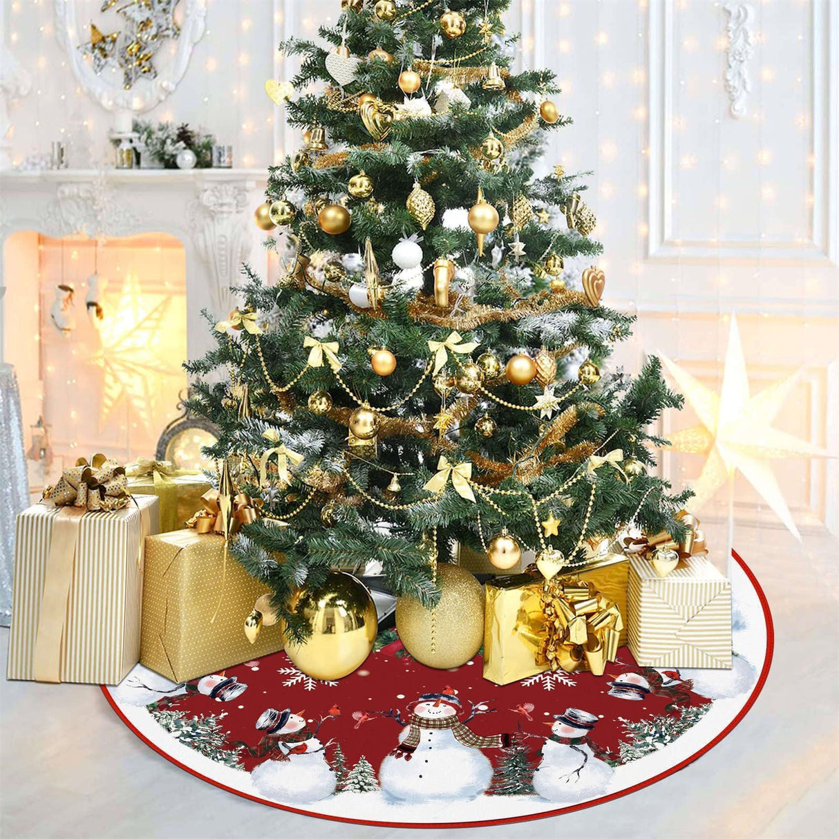 EKOREST Snowman Christmas Tree Skirt 48 Inches, Red Backgrond Snowflake Pencil Tree Skirt, Winter Xmas Tree Mat Decorations for Home Party Holiday Decorations EKOREST