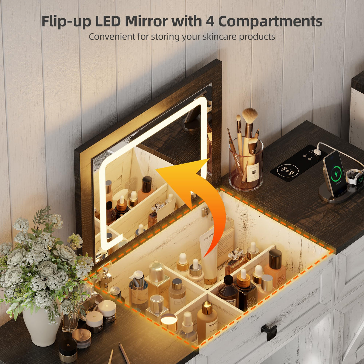 JDPAG Farmhouse Vanity Desk with Flip Top Mirror and Lights, Makeup Vanity Table with 2 Adjustable cabinets,2 Drawers and Hidden Storage Stool, Charging Dressing Table Set for Bedroom,White JDPAG