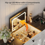 JDPAG Farmhouse Vanity Desk with Flip Top Mirror and Lights, Makeup Vanity Table with 2 Adjustable cabinets,2 Drawers and Hidden Storage Stool, Charging Dressing Table Set for Bedroom,White JDPAG