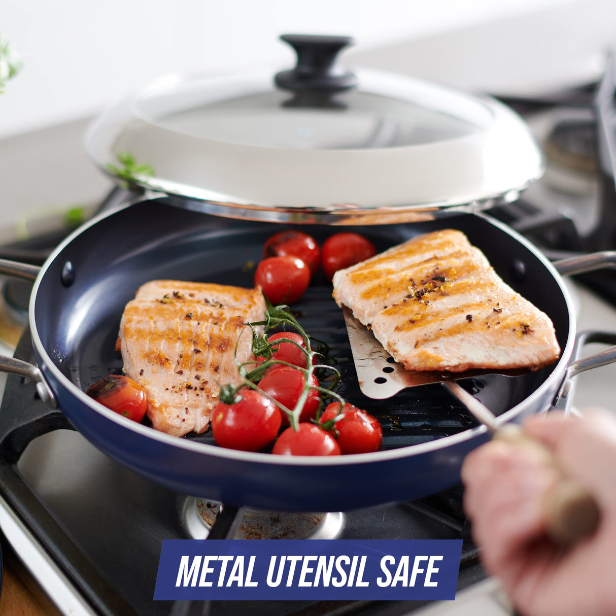 Blue Diamond 11" Grill Genie Pan, Diamond Infused Ceramic Nonstick with Lid, PFOA and PFAS-Free, Dishwasher & Oven Safe, Durable Cookware for Indoor Grilling, Searing, Versatile Cooking, Blue Blue Diamond