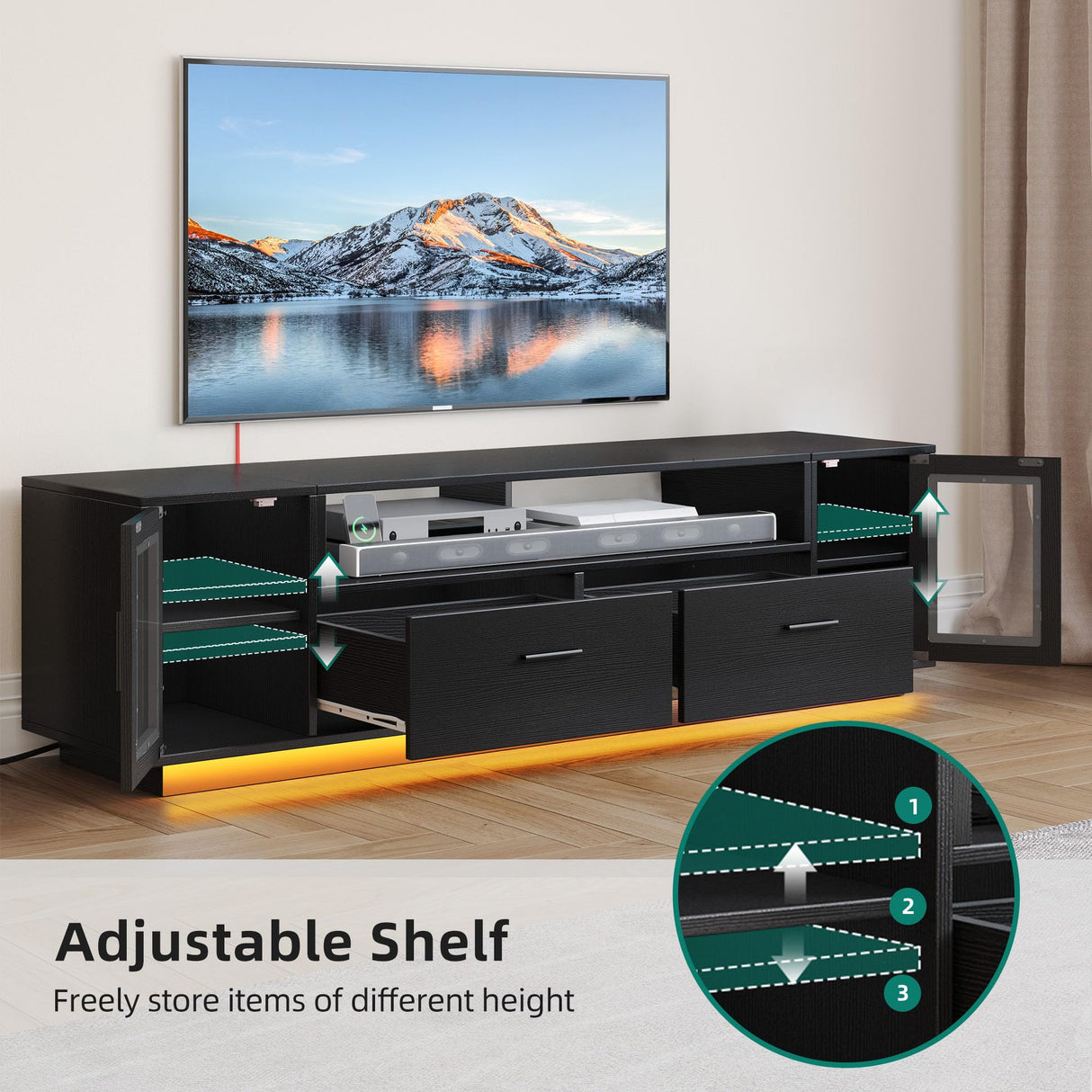 YITAHOME TV Stands for Living Room, Modern TV Stand for 65/70 inch TV, LED TV Entertainment Center with Storage & Power Outlets, TV Console Cabinet, Black YITAHOME