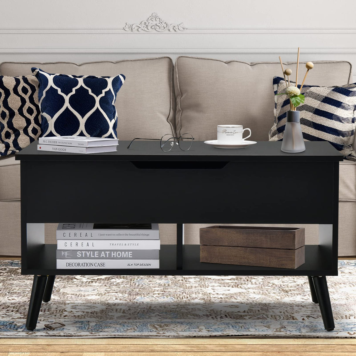 Giantex Lift Top Coffee Table, Modern Cocktail Table w/Hidden Compartment & 2 Open Shelves, Flip Top Center Table, Wooden Pull up Coffee Table for Living Room, Reception Room, Office (Black) Giantex