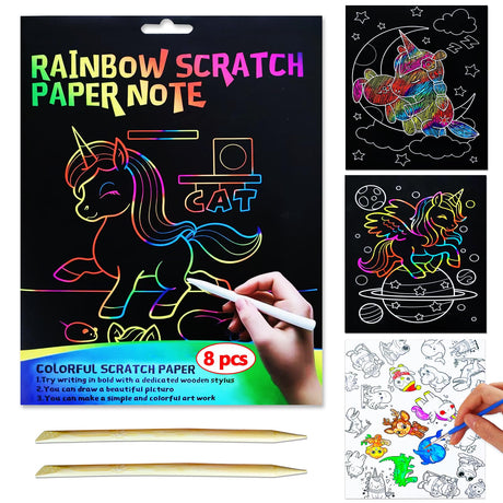 JUNQIU Scratch Art for Kids, Rainbow Scratch Paper Art Set - Unicorn, Arts and Crafts for Girls Boys Ages 4-8, Kid Activity & Christmas Crafts, Stocking Stuffers for Kids JUNQIU US