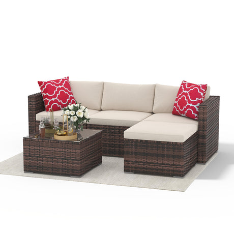 5 Pieces Patio Furniture Set, Rattan Outdoor Patio Furniture Sofa Set with Anti-Slip Cushions, All-Weather Wicker Sectional Sofa with Glass Coffee Table and Ottoman for Balcony, Porch, Garden, Brown GarveeLife