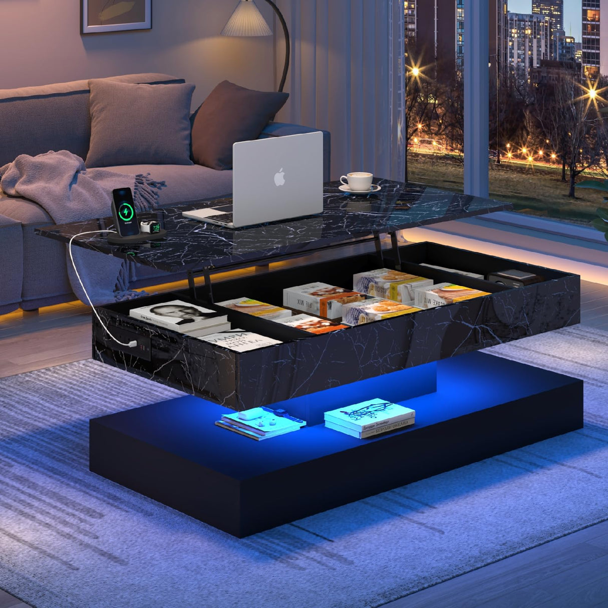 chartustriable 47.2" Large Lift Top Coffee Table with Charging Station, LED Modern High Glossy Center Table with Hidden Compartment Storage, White Lift Living Room Tables with Marbling Print, Black chartustriable