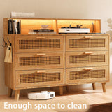 Dresser for Bedroom, 6 Drawer Boho Dresser with LED Light, Rattan Chest of Dressers, Modern Wood Dresser Chest, BesideTable for closet,Storage Organizer Cabinet for Hallway Entryway LivingRoom Natural Hiwelldas