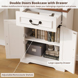 IRONCK Bookshelf with Storage Cabinet, 72" Tall Farmhouse Bookcase with Adjustable Shelves and Drawer, 4 Tier Open Shelf Bookcase with LED Lights for Home Office, Living Room, White/Walnut IRONCK