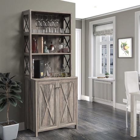 YITAHOME 67" Tall Bar Wine Cooler for Liquor and Glasses, Farmhouse Storage Cabinet w/Wine Rack, Open Storage Shelves, Buffet Kitchen Cabinet with Wooden Doors for Living Room, Living Room, Grey Wash YITAHOME