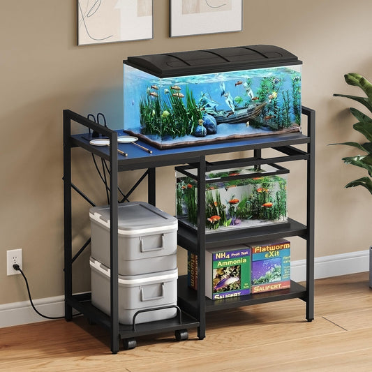 YITAHOME 10 Gallon Aquarium Stand with Charging Station, 3 Tier Desk Stand Cabinet for Fish Tank Accessories Storage, Black