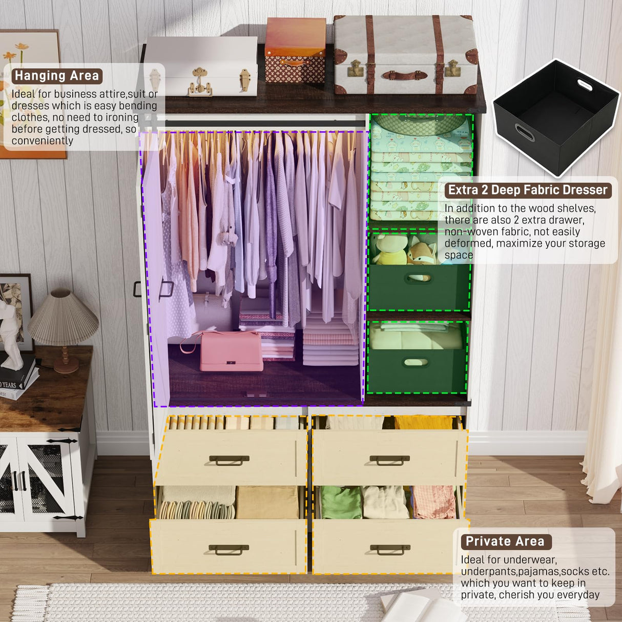 Farmhouse 3 Doors Armoire Wardrobe Closet w/Folding Sliding Barn Door and Lights, LED Armoire Closet w/Drawers for Bedroom, Freestanding Wooden Wardrobe Storage Closets w/Hanging Rod,Antique White jiteentarou