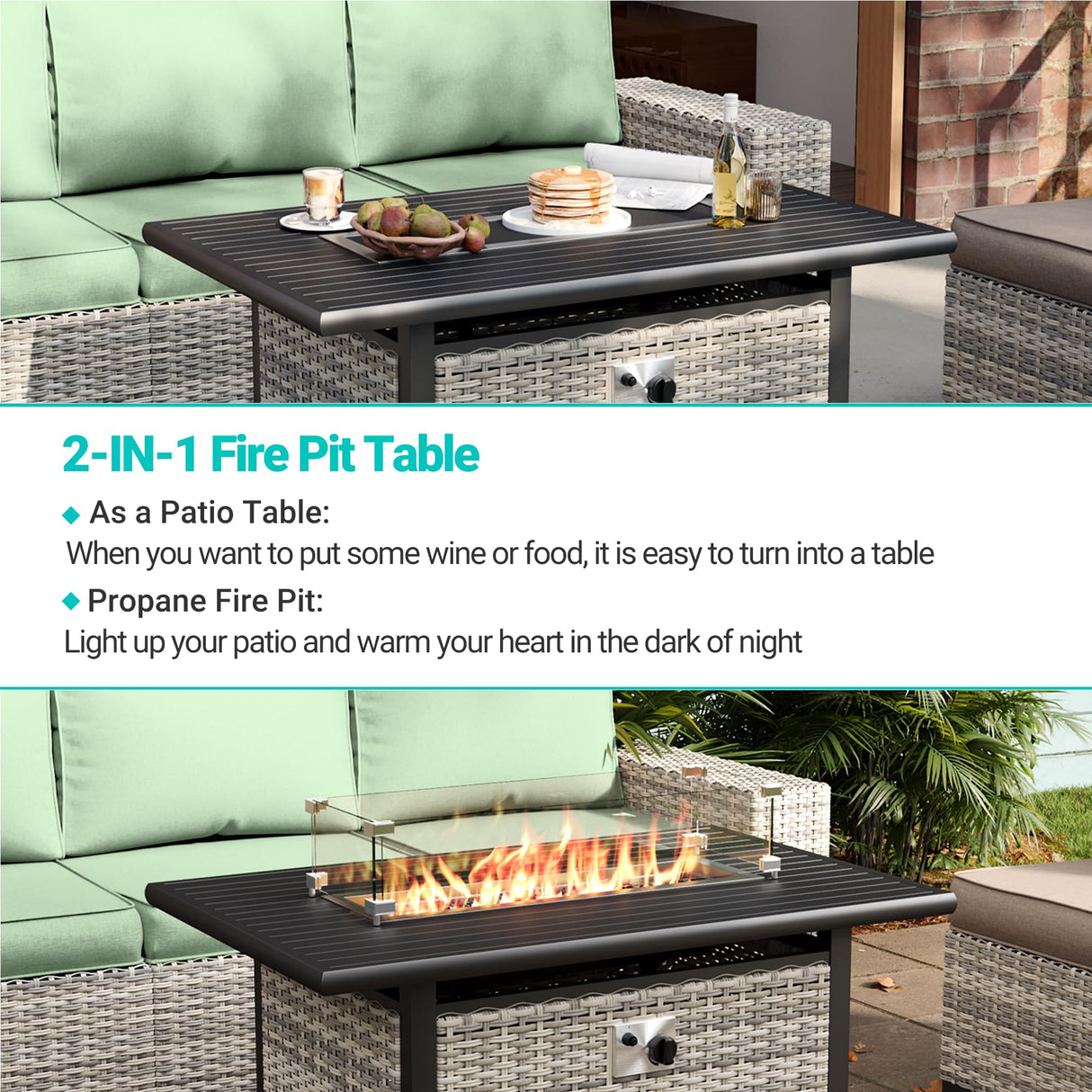 Muphyers 8-Piece Outdoor Patio Furniture Set with 55,000 BTU Fire Pit Table, PE Wicker Rattan Sectional Sofa Conversation Set - All-Weather Garden, Backyard Furniture, Light Green Muphyers