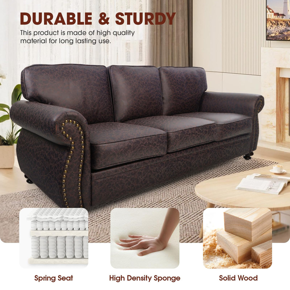 Couchus Mid-Century Vintage Sofa Couches with Rivet Design,loveseat Sofa,Removable Sofa Cover Upholstered Cushions and Solid Wood Frame (Brown, 3-Seater) Couchus