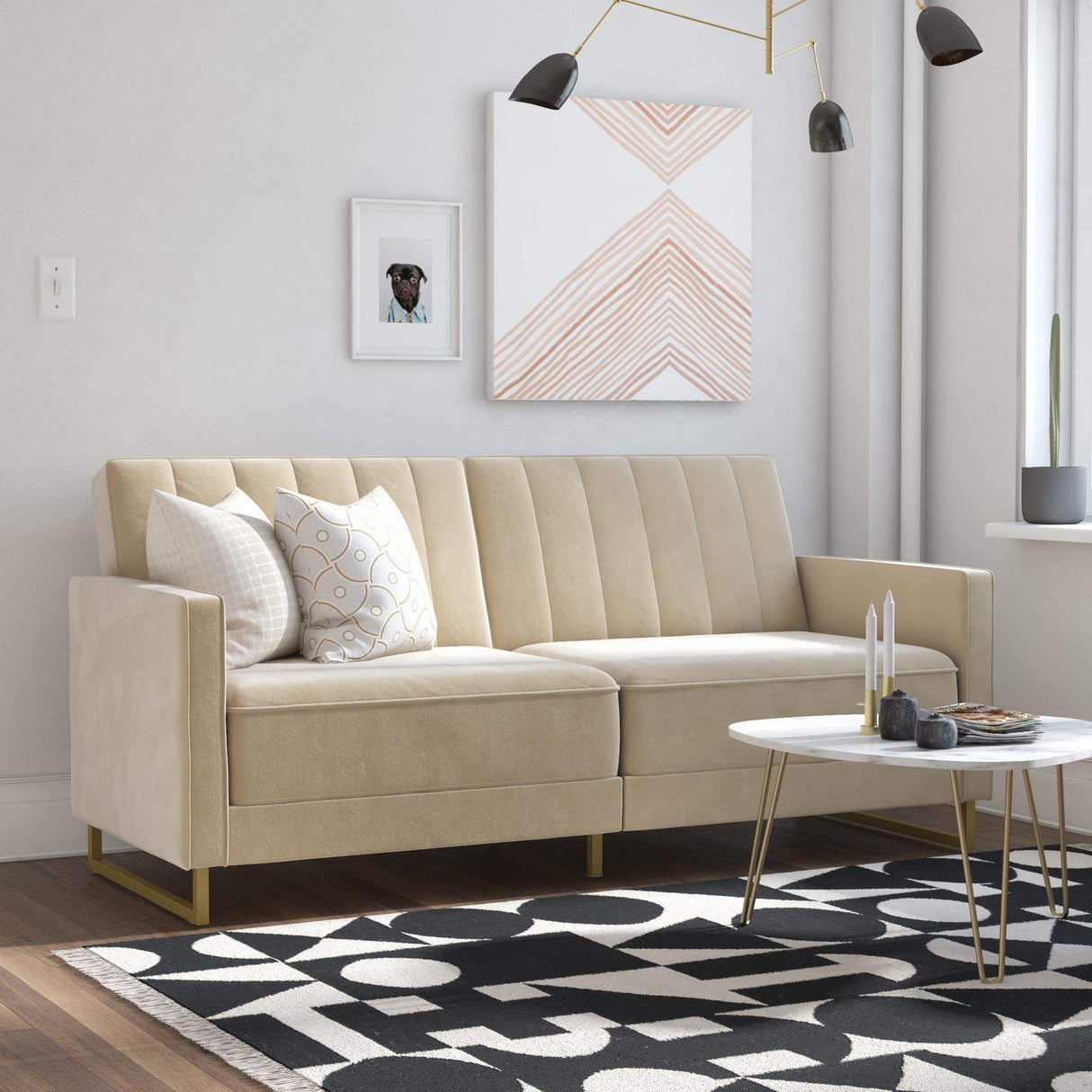 Novogratz Skylar 77 Inch Futon Sofa Bed in Velvet Fabric, Industrial Modern Upholstered Couch Sleeper with Black Metal Legs, Ivory Novogratz