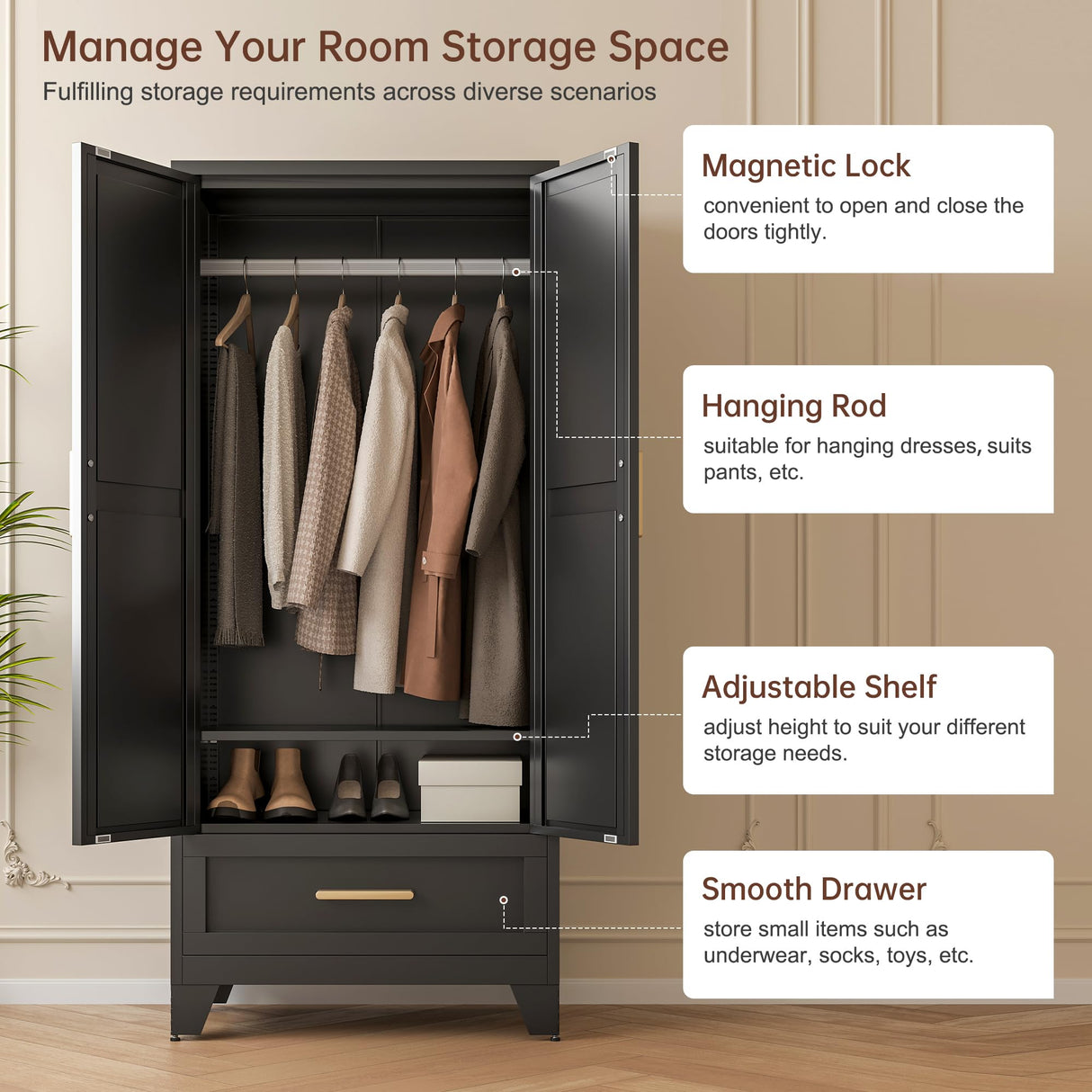 LCAOPC 71" Tall Metal Wardrobe Cabinet with Drawer and Hanging Rod, 2 Doors Armoire Wardrobe Closet with Shelf for Bedroom, Office, Laundry Room, Black LCAOPC