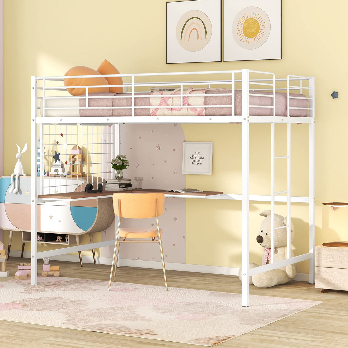 Full Size Loft Bed with Desk and Metal Grid, Metal Loft Bed Full with Safety Guardrails and Ladders, High Loft Bed Frame for Teens, Adults, No Box Spring Needed (Full, White) Harper & Bright Designs