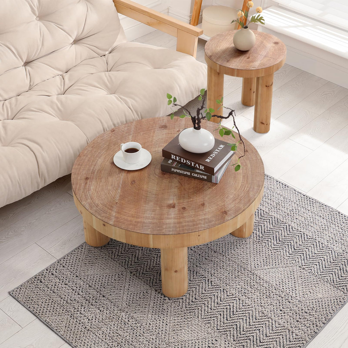 RUSTOWN 2-Piece Round Farmhouse Coffee Table, Rustic Coffee Table and End Table Sets, Circle Wooden Ring Finish with Solid Wood Legs, Center Table Set for Living Room (Natural) RUSTOWN