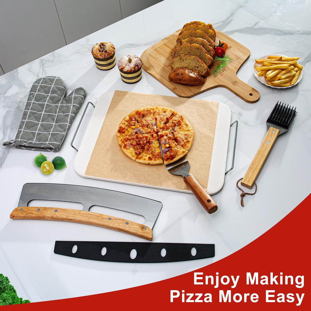 Zonzest Pizza Stone Set 8PCS – Professional 15" Large Pizza Stone for Oven and Grill With Pizza kit, Pizza Cutter, Server, Pizza Peel, Gloves, Baking Paper Baking Stone for Grill -Pizza Peel Set ZONZEST