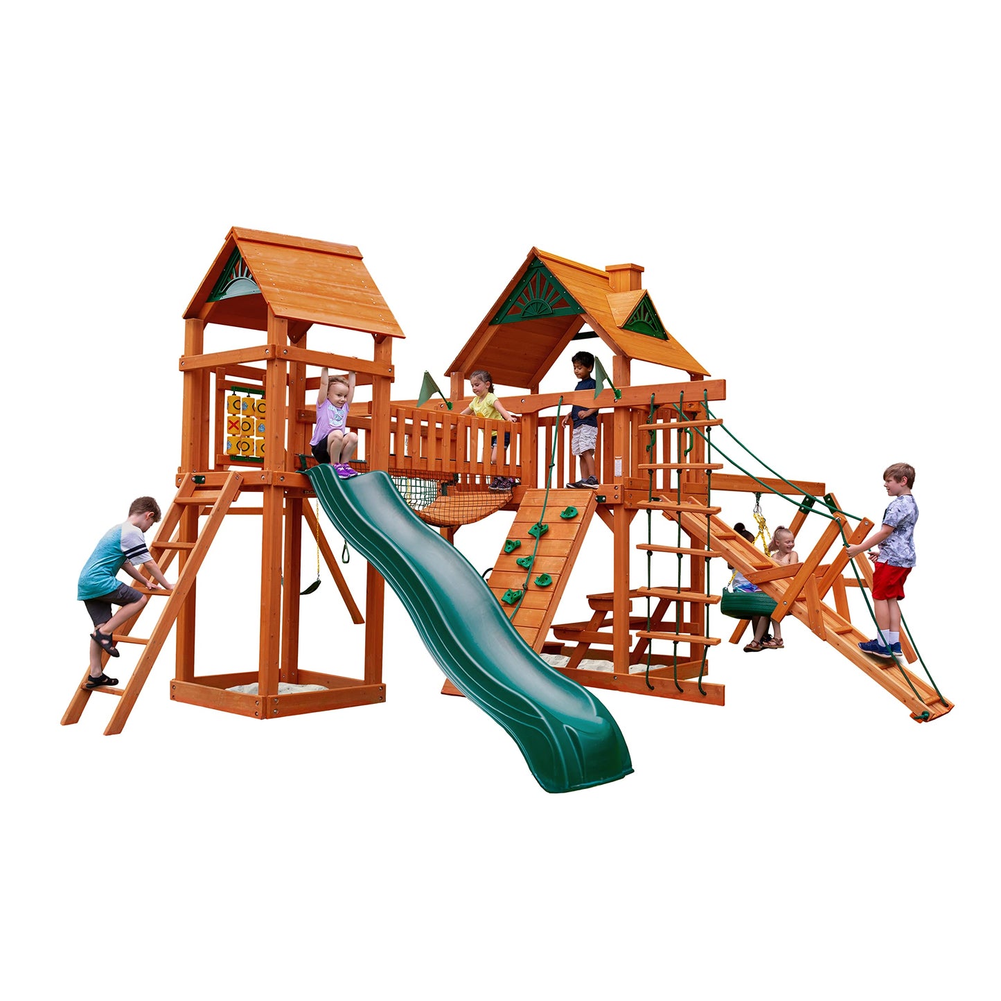 Gorilla Playsets 01-0006-AP Pioneer Peak Wood Swing Set with Wood Roof, Tire Swing, Clatter Bridge and Tower, Ramp, Slide, Two Swings, Amber