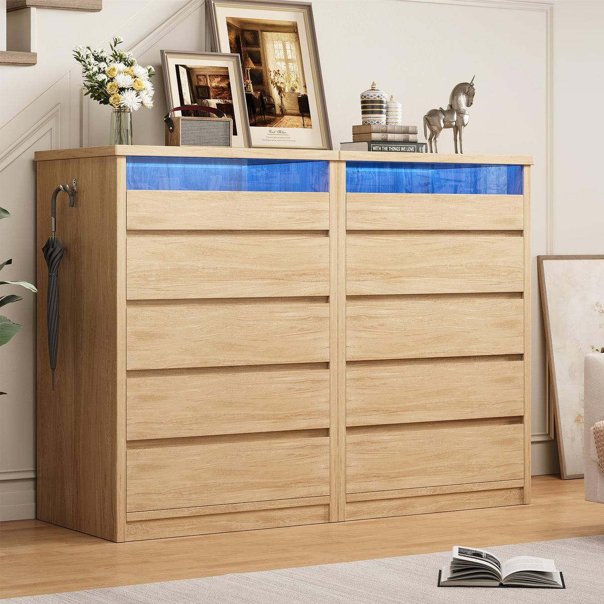 Jocoevol Larger Oak 5 Drawer Dresser for Bedroom with LED Light, Modern Chest of Drawers with Hidden Handles, Tall Wooden Dresser Closet for Living Room, Entryway, Hallway - Oak Jocoevol