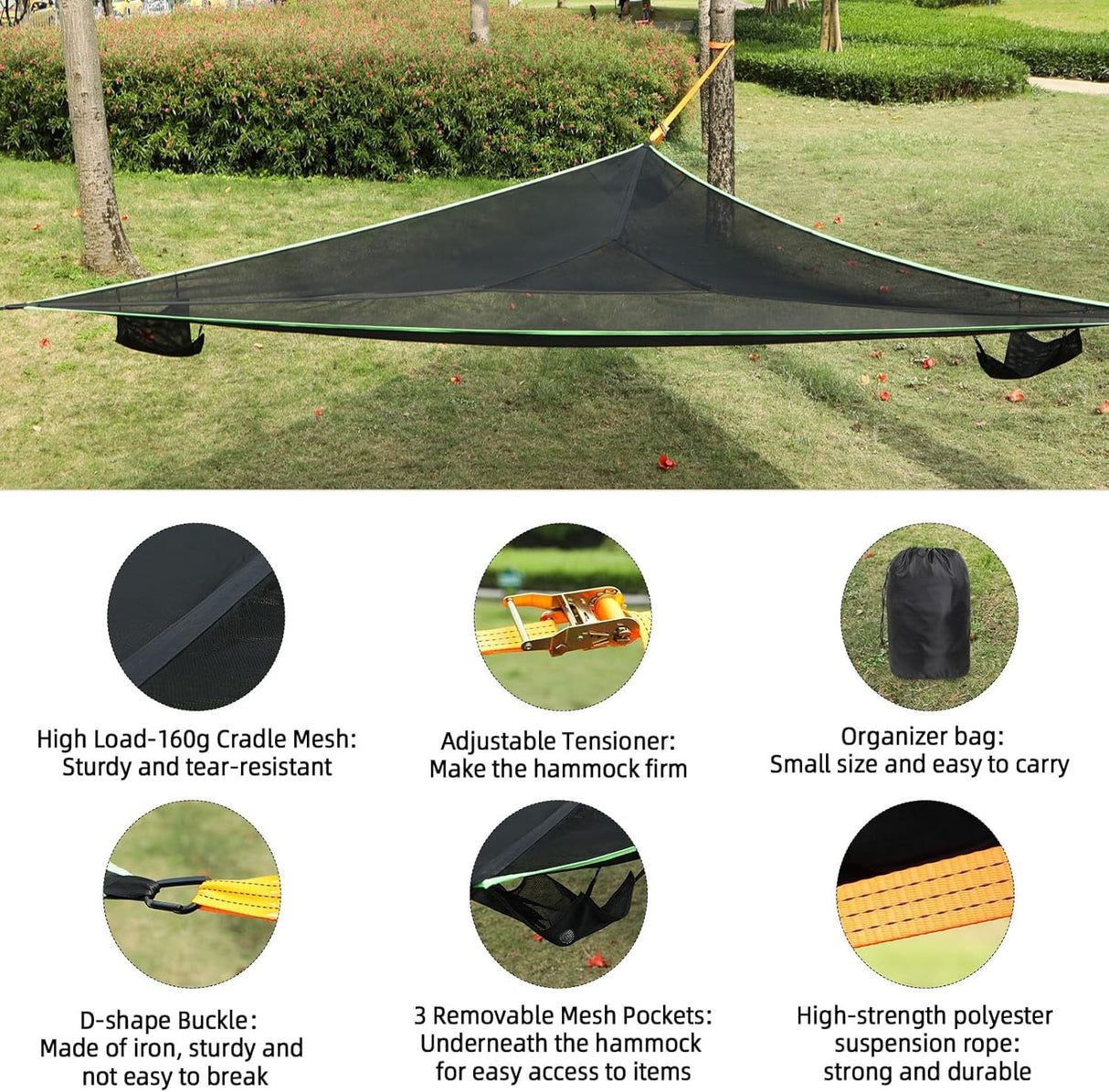 LACE INN Triangle Hammock, 13ft Camping Hammock with 3 Ratchet Tie Down Straps and Storage Bag, 3 Point Hammocks Portable Max 800 Lbs for 2-3 Adult Kid, Multi Person Tree Hammock for Outside Travel LACE INN