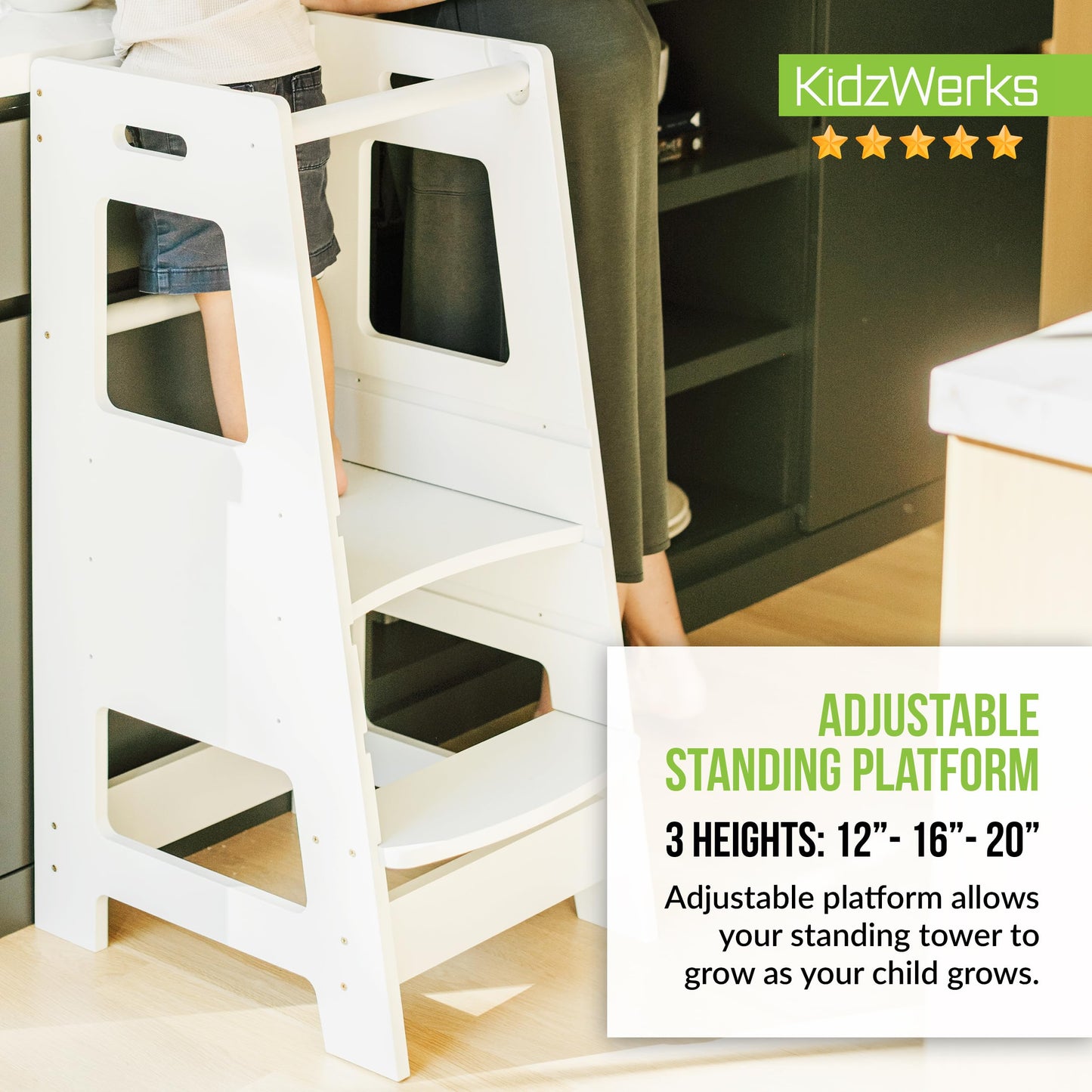 KidzWerks Child Standing Tower Kids Kitchen Step Stool Toddler Wood Stepping Stool - Children's Montessori Stool - Adjustable Platform, White