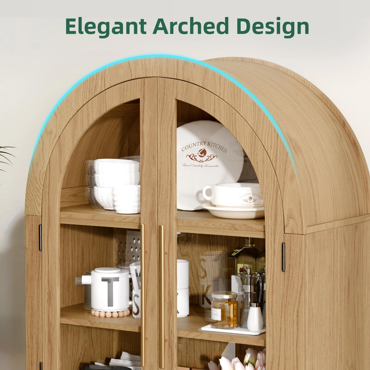 TRUNBACK 63" Arched Storage Cabinet, 5-Tier Modern Farmhouse Kitchen Pantry Cabinet with Glass & Rattan Doors, Adjustable Shelf for Living Room, Dining Room, or Office, Oak TRUNBACK