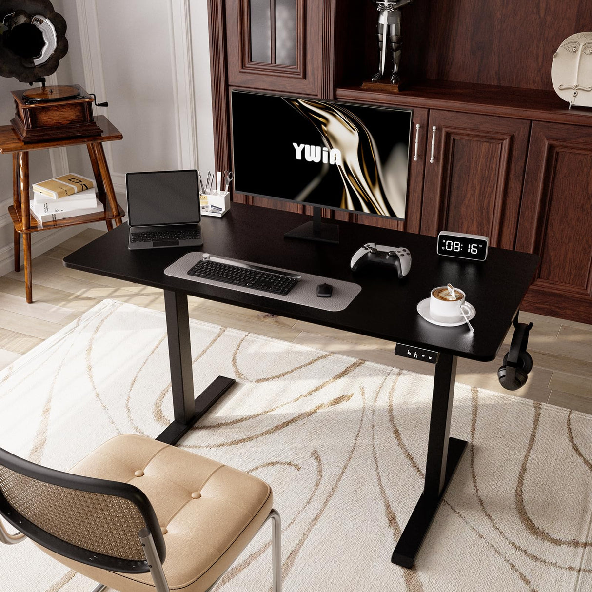 Ywin Electric Height Adjustable Standing Desk, Sit Stand Desk Workstations with Hook, Ergonomic Desk for Home Office Stand Up Desk with Wheels (Black, 48 * 24 inch) Ywin