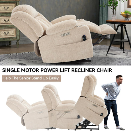 RHHVVR Power Lift Recliner Chair, 350lb Capacity with 8-Point Massage & Heating, USB/Type-C Ports & Cup Holders, Heavy Duty Chenille Recliner for Elderly, Beige RHHVVR
