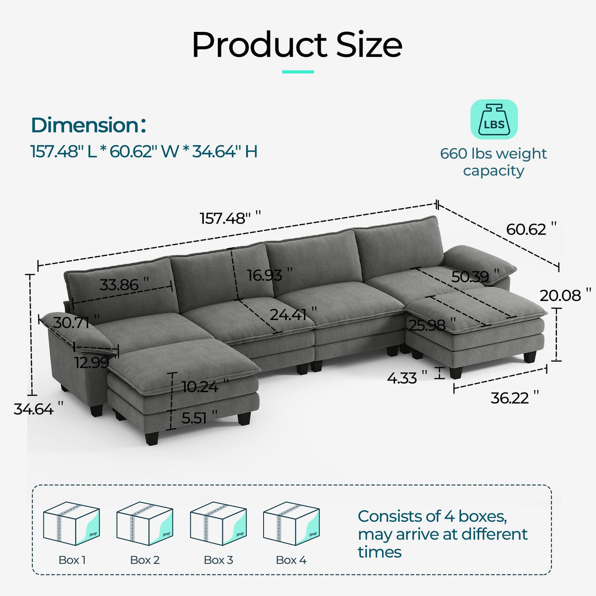 LINSY HOME 157'' Modular Sectional Sofa Grey Couch Corduroy Cloud Couches for Living Room, U Shaped Couch with Movable Ottoman, Modern Cloud Sectional Sofas for Bedroom and Apartment, Grey LINSY HOME